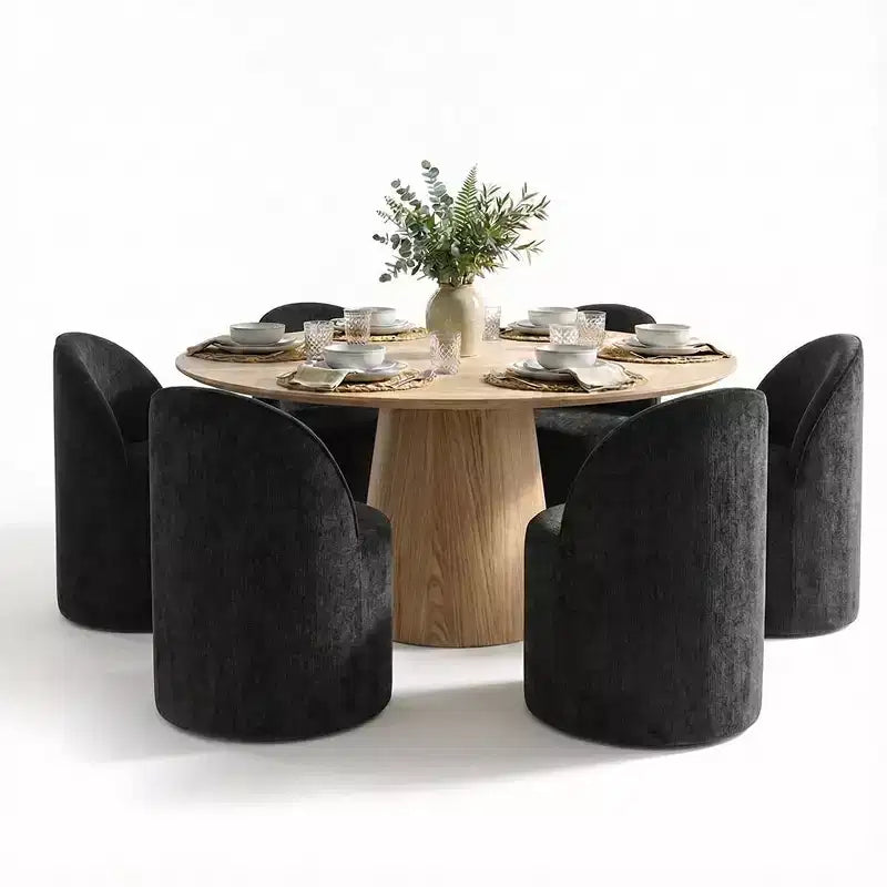 Set da pranzo moderno per 6, tavolo da pranzo rotondo con piedistallo, sedie a botte girevoli con ruote, ciniglia testurizzata - Panipeachy