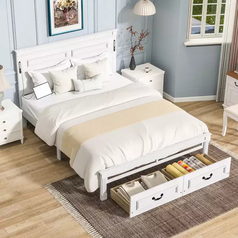 ModernLuxe Letto a Piattaforma Queen/King Size con Testiera Alta, Struttura Letto Rustica in Legno con 2 Cassetti, Luci LED e Porte USB