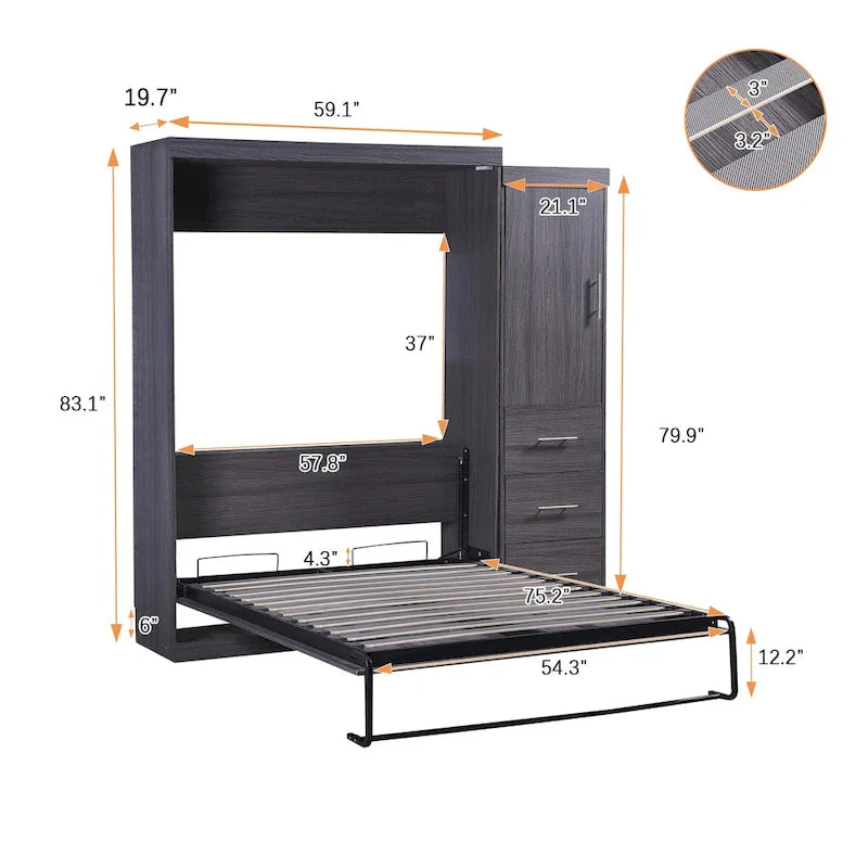 Letto Murphy pieghevole grigio con armadio e 3 cassetti, matrimoniale/singolo, 1 persona