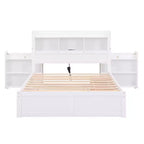 Letto matrimoniale con contenitore, rotelle estraibili, testiera libreria e stazione di ricarica, struttura letto in legno matrimoniale con mensole e cassetti