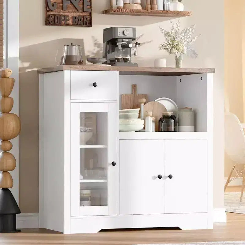 Mobiletto da cucina per microonde con contenitore, con 3 ante, 1 cassetto e ripiani regolabili, mobiletto dispensa