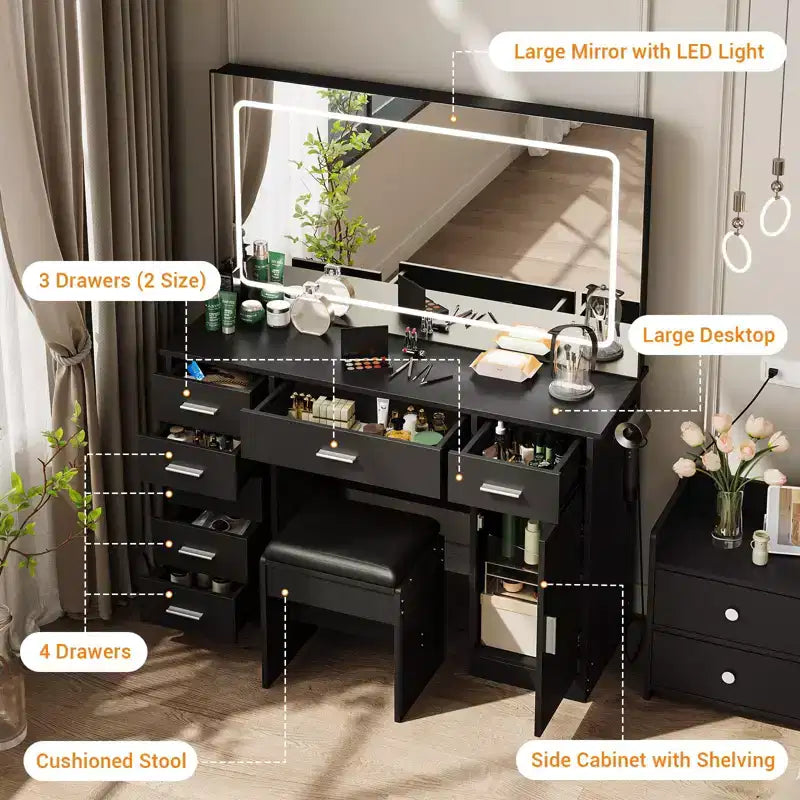 Toeletta Moderna con Grande Specchio, 7 Cassetti, Luci LED, Sedia, 3 Modalità di Illuminazione, Supporto per Asciugacapelli e Stazione di Ricarica per Camera da Letto