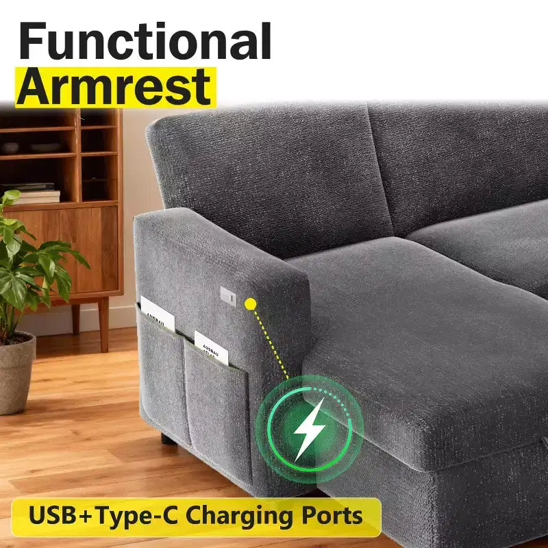 Dyonery Divano Letto Angolare 81, Divano Estraibile a L con Chaise Longue Reversibile con Contenitore, USB, Schienale Reclinabile