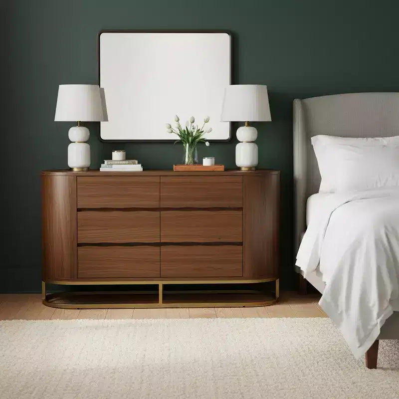 Comò moderno a 6 cassetti con design a bordo vivo, base in metallo e costruzione durevole in legno misto