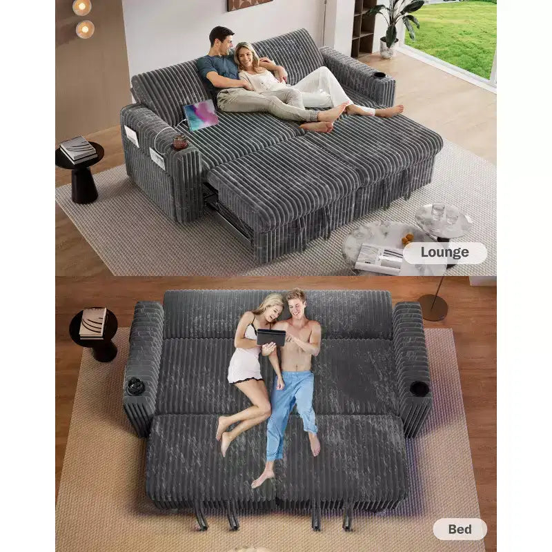 Divano Letto Sezionale Dyonery 91 con Letto Estraibile, Schienale Reclinabile/Due Letti Estraibili/Porte USB/Portabicchieri, Velluto a Coste Peluche