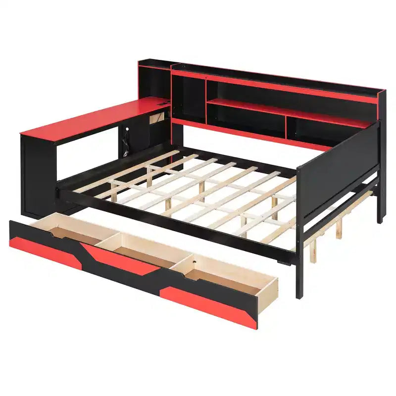 Letto a Giorno Gamer Hub con Scrivania, Luci RGB, Stazione di Ricarica, Cassetti e Testiera Libreria
