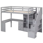 Letto a soppalco singolo con scrivania a L, 3 cassetti, armadio, contenitore per scale, struttura in pino massiccio/MDF