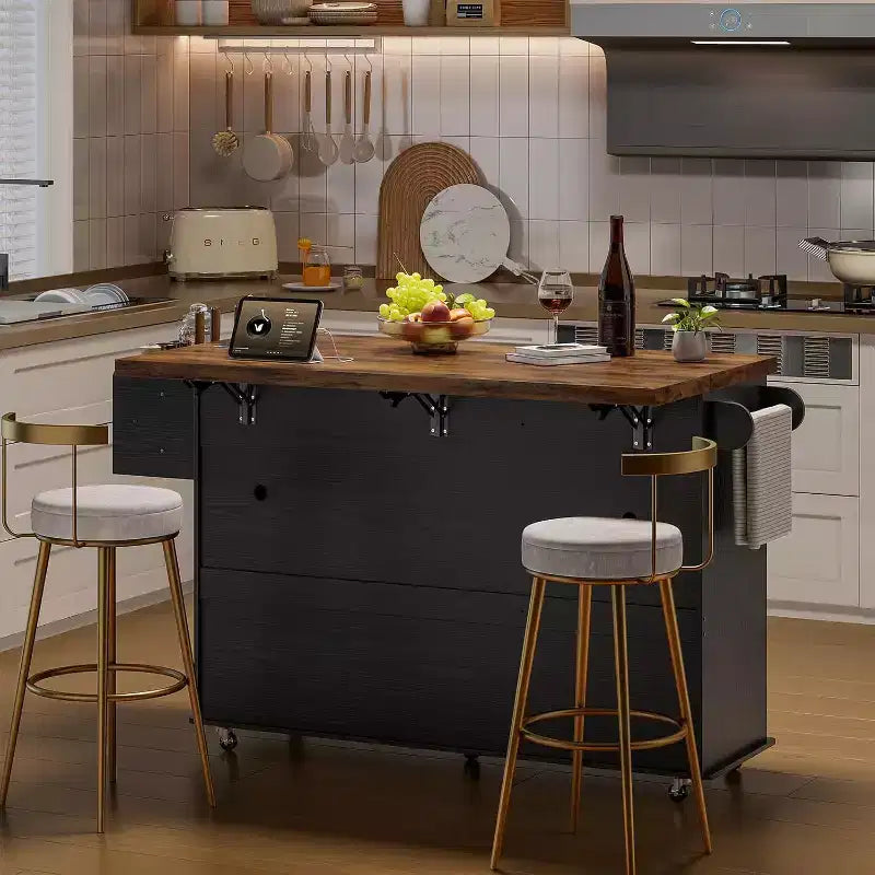 Tavolo da cucina mobile con isola da 55" con presa di corrente e anta a ribalta, carrello da cucina con isola su ruote e armadietto per pattumiera per la cucina