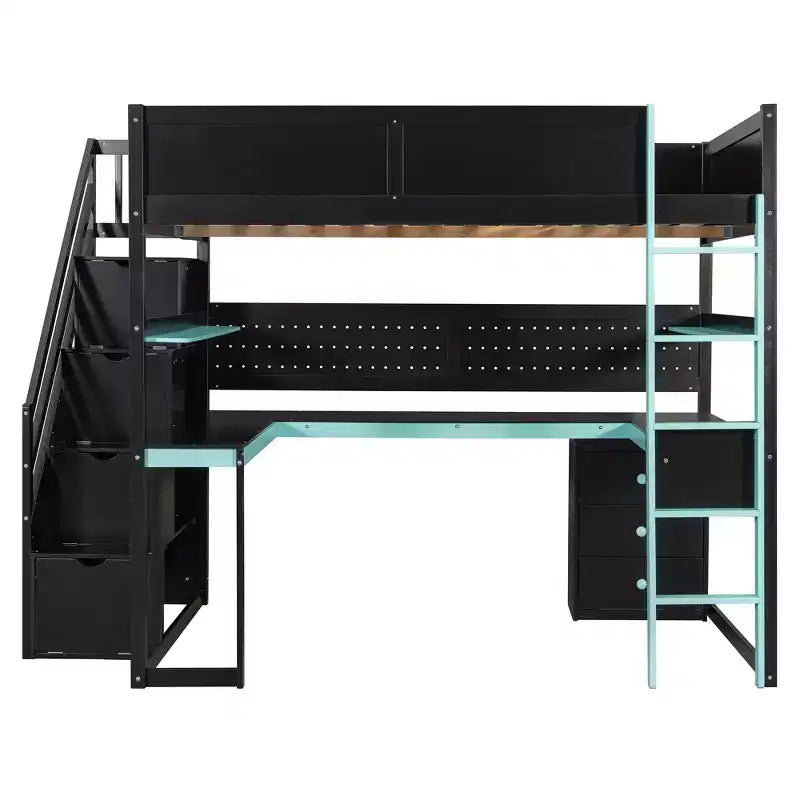 GDFStudio Scott Letto a Soppalco in Legno per Gaming con Scala Contenitore, Scrivania, Mensole e Pannello Forato