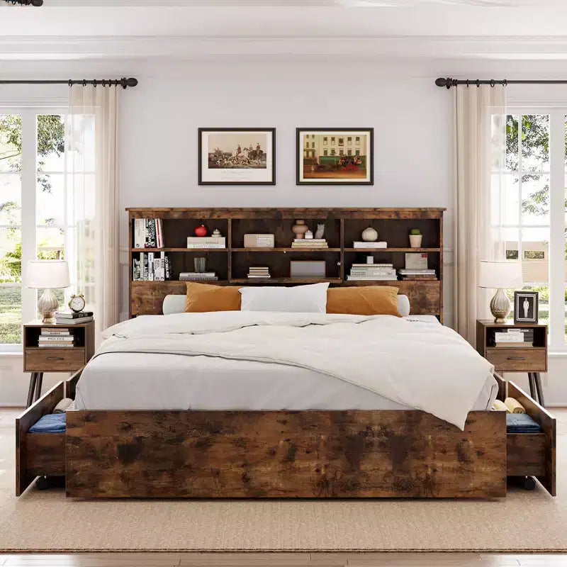Struttura Letto Matrimoniale con Testiera Contenitore, Struttura Letto in Legno con 4 Cassetti, Libreria Contenitore e Letto a Piattaforma King Size con Robusto Supporto in Metallo
