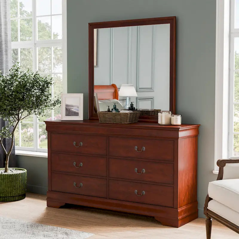 Ensemble commode et miroir 2 pièces en bois massif traditionnel Devi de Furniture of America