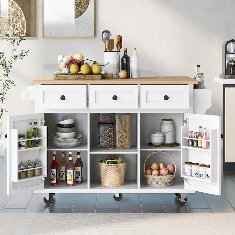 Carrello da cucina in legno di gomma con ante a ribalta, ripiani interni e ruote bloccabili