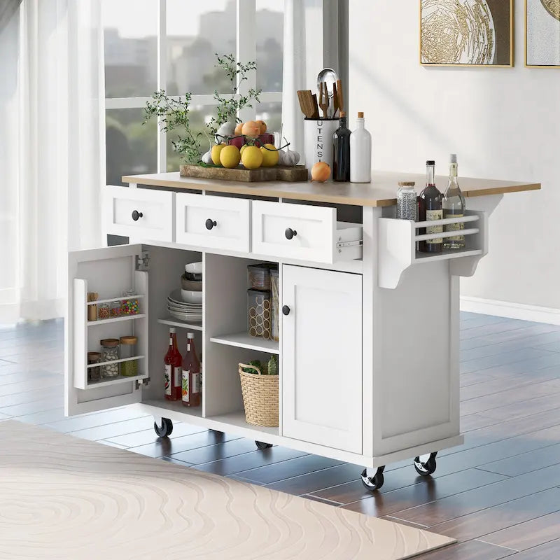 Carrello da cucina in legno di gomma con ante a ribalta, ripiani interni e ruote bloccabili