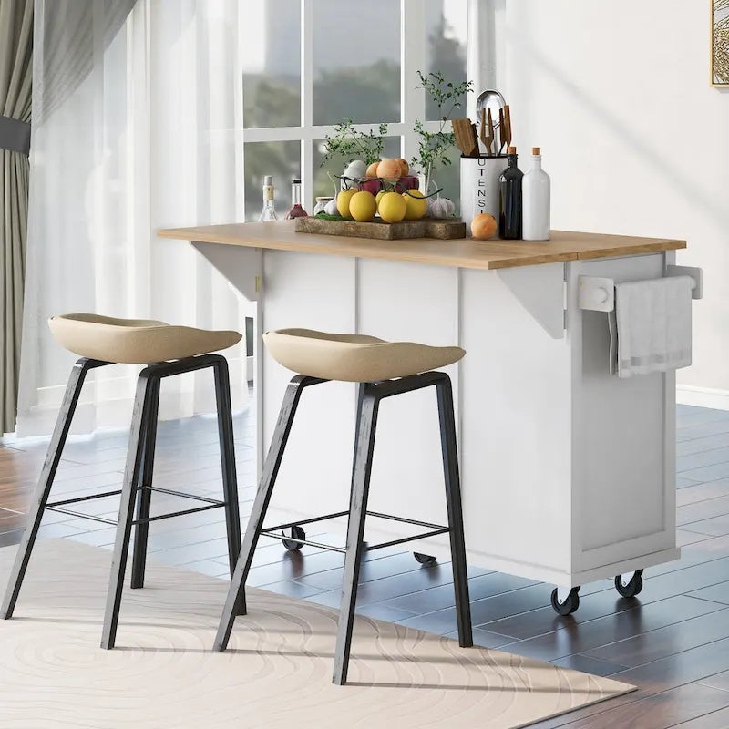 Carrello da cucina in legno di gomma con ante a ribalta, ripiani interni e ruote bloccabili