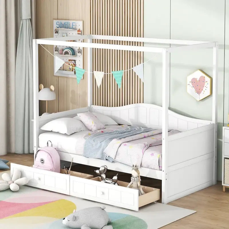 Letto a baldacchino singolo in legno con 2 cassetti