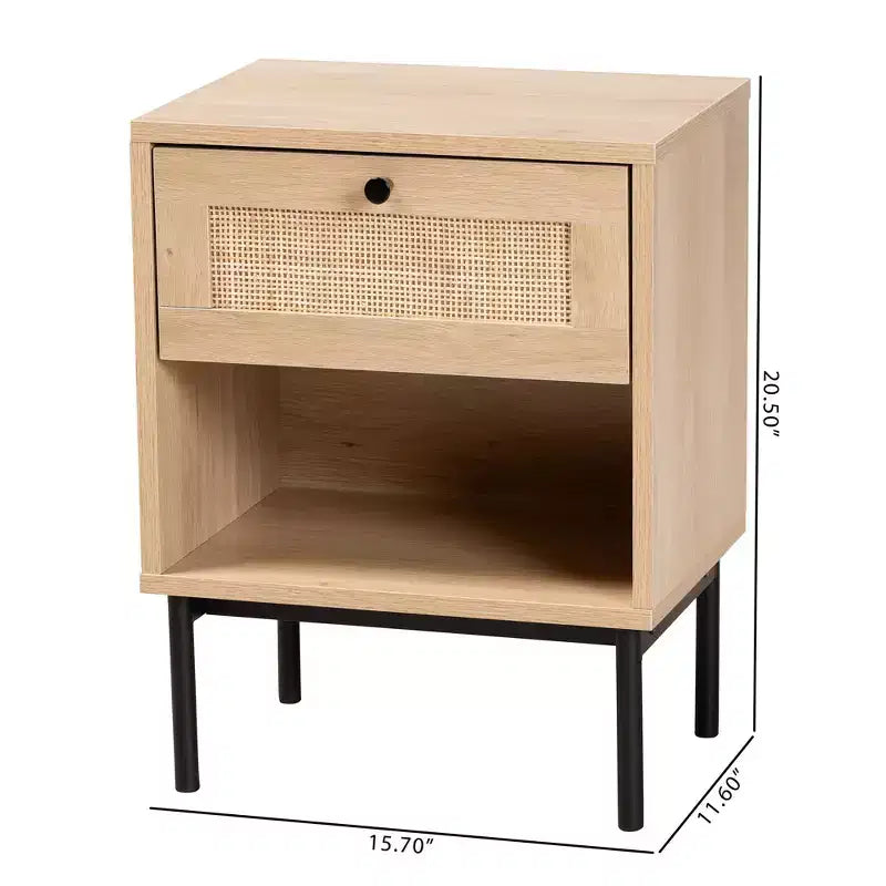 Tavolino laterale Sherwin Mid-Century Modern marrone chiaro e nero con 1 cassetto e dettagli in rattan intrecciato