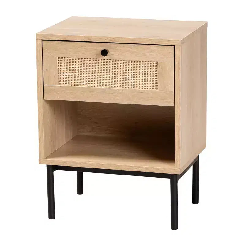 Tavolino laterale Sherwin Mid-Century Modern marrone chiaro e nero con 1 cassetto e dettagli in rattan intrecciato