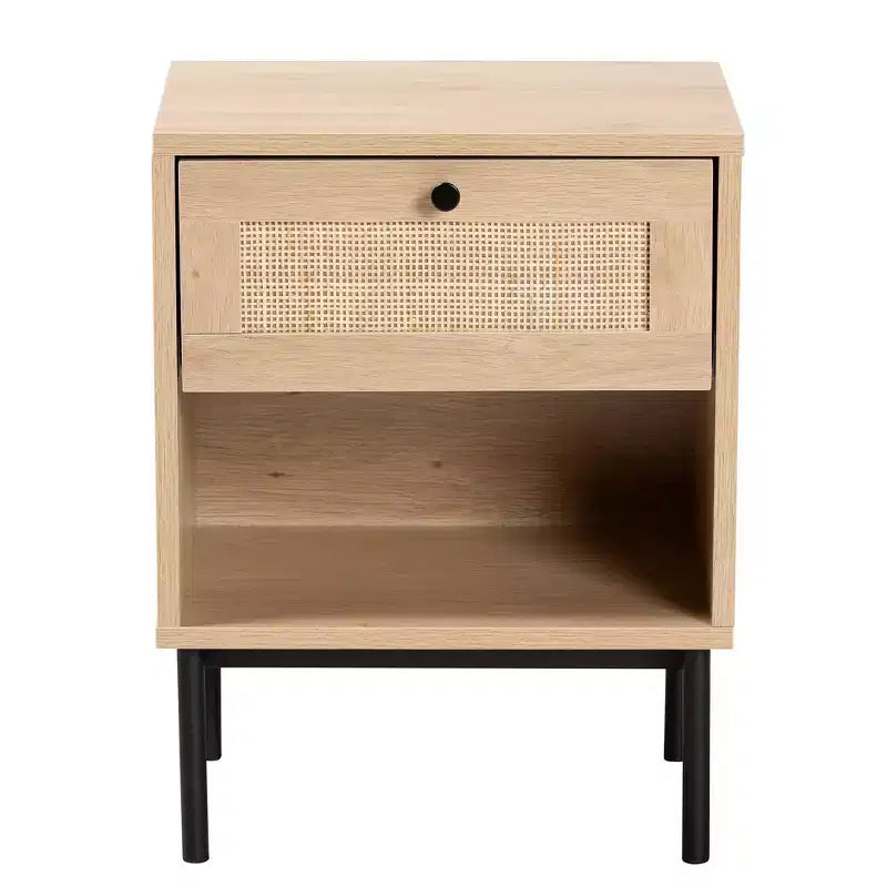 Tavolino laterale Sherwin Mid-Century Modern marrone chiaro e nero con 1 cassetto e dettagli in rattan intrecciato
