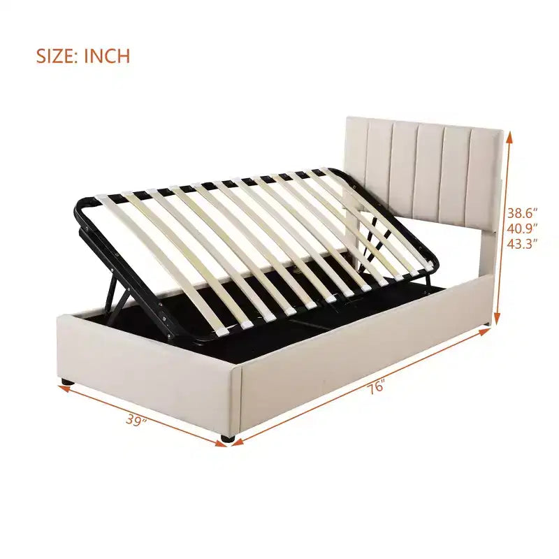 Bellemave Letto Matrimoniale Singolo con Contenitore a Sollevamento, Letto a Piattaforma Imbottito con Sistema di Contenitore Idraulico, Testiera a Strisce Verticali, Beige