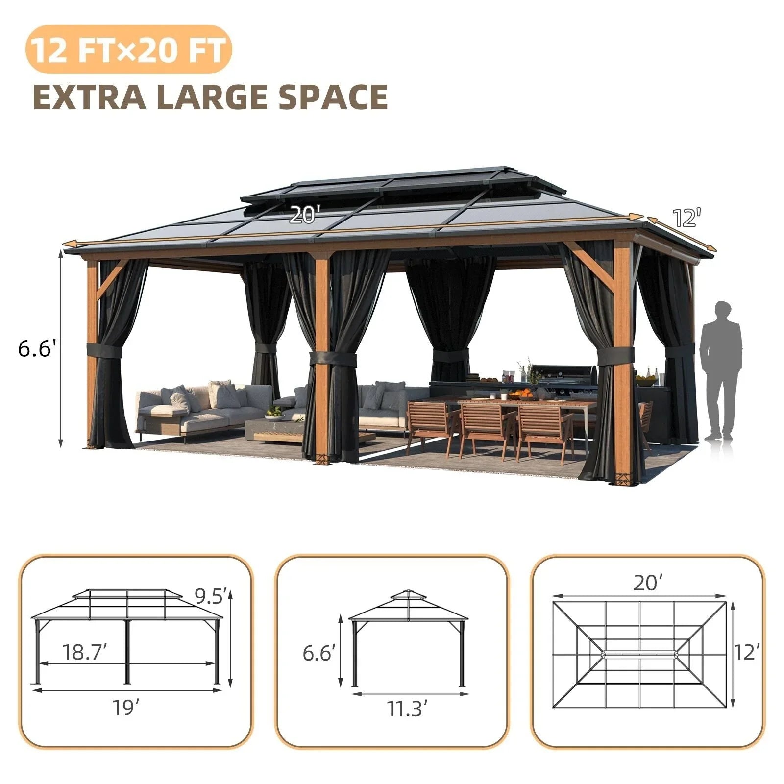 EROMMY Gazebo a tetto rigido, Pergola da esterno con doppio tetto, zanzariere e tende, Tenda da sole resistente per patio, cortile, feste in piscina