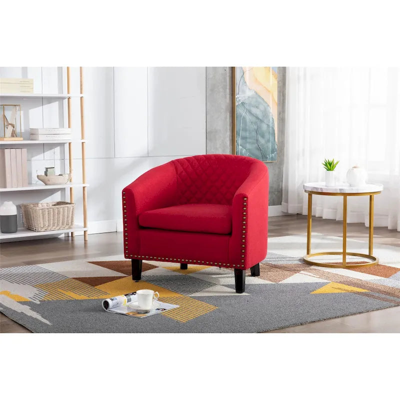 Poltrona a barile accent per soggiorno con borchie e gambe in legno massello