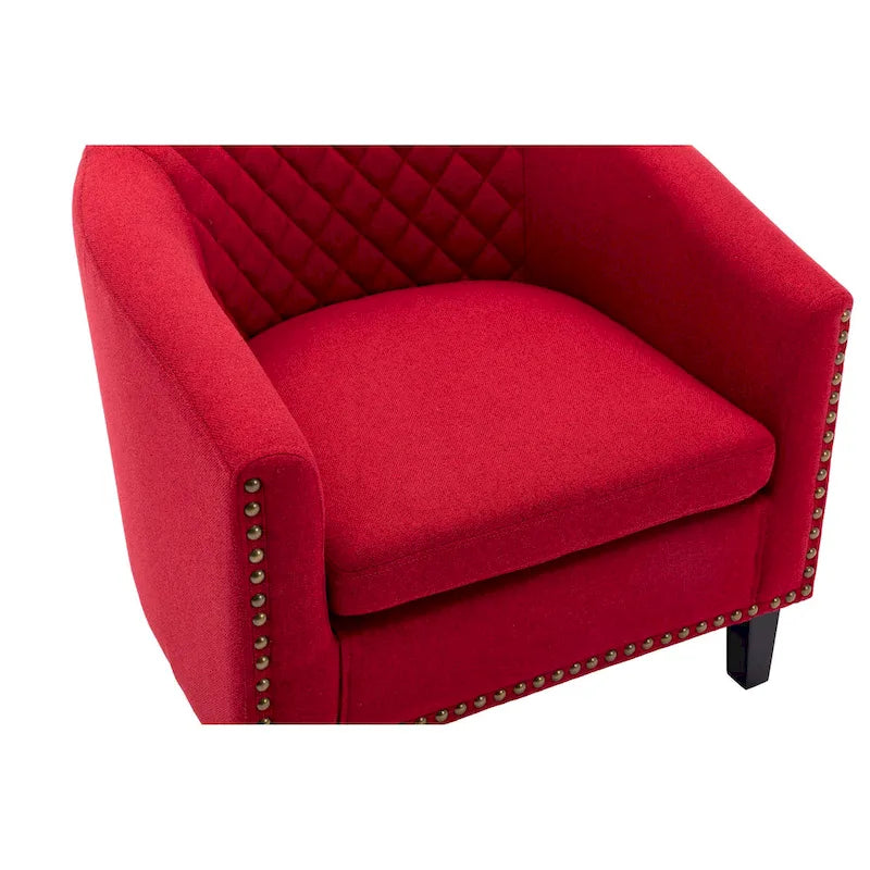 Poltrona a barile accent per soggiorno con borchie e gambe in legno massello