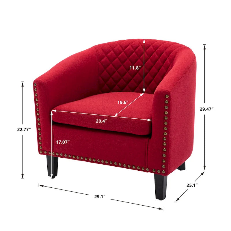 Poltrona a barile accent per soggiorno con borchie e gambe in legno massello