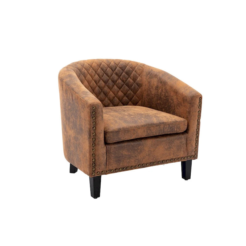 Poltrona a barile accent per soggiorno con borchie e gambe in legno massello