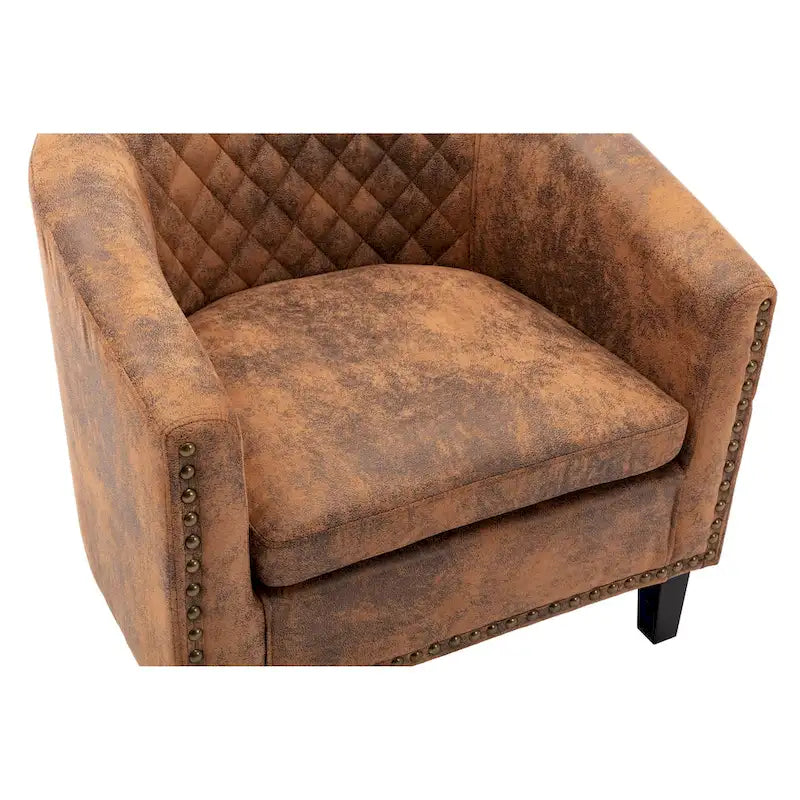 Poltrona a barile accent per soggiorno con borchie e gambe in legno massello