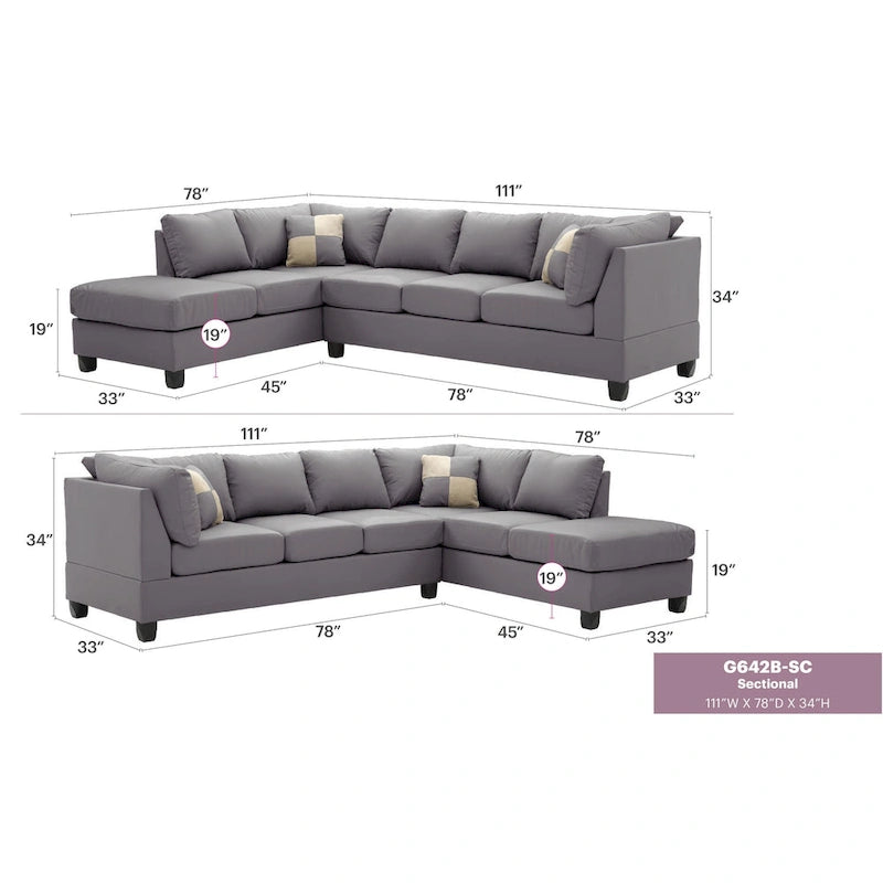Divano Sezionale a 4 Posti Malone 111 pollici in Ecopelle con 2 Cuscini Decorativi - 111L x 78W x 34H