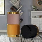 Sgabello pouf moderno rotondo in velluto con base dorata