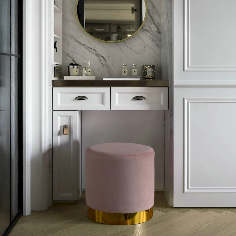 Sgabello pouf moderno rotondo in velluto con base dorata