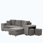 Divano Sezionale Moderno a L a 3 Posti Reversibile, con Chaise Longue Contenitore e 2 Sgabelli