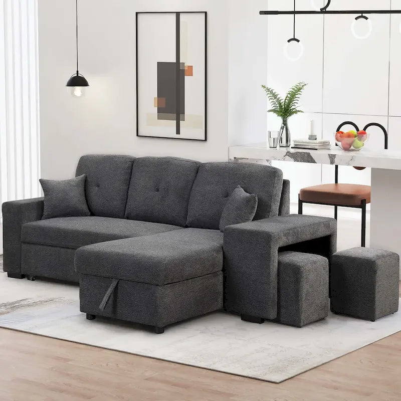Divano Sezionale Moderno a L a 3 Posti Reversibile, con Chaise Longue Contenitore e 2 Sgabelli