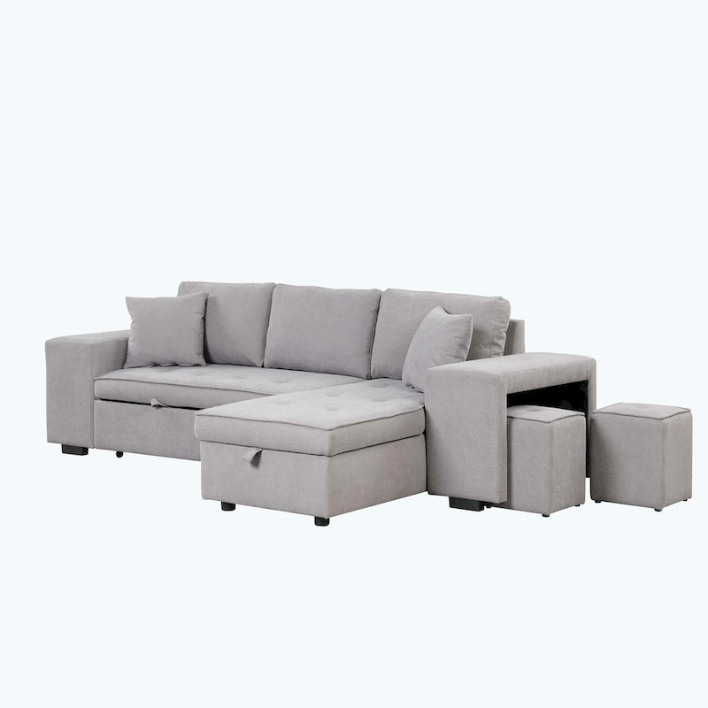 Divano Sezionale Moderno a L a 3 Posti Reversibile, con Chaise Longue Contenitore e 2 Sgabelli