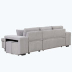 Divano Sezionale Moderno a L a 3 Posti Reversibile, con Chaise Longue Contenitore e 2 Sgabelli