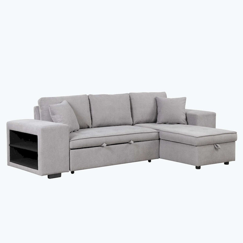Divano Sezionale Moderno a L a 3 Posti Reversibile, con Chaise Longue Contenitore e 2 Sgabelli