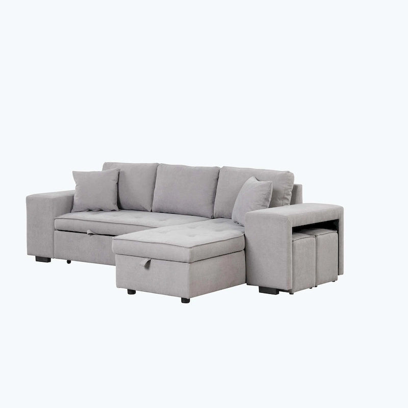 Divano Sezionale Moderno a L a 3 Posti Reversibile, con Chaise Longue Contenitore e 2 Sgabelli