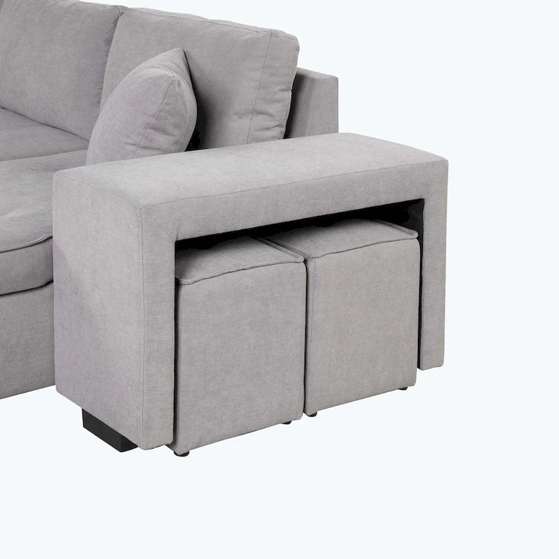 Divano Sezionale Moderno a L a 3 Posti Reversibile, con Chaise Longue Contenitore e 2 Sgabelli