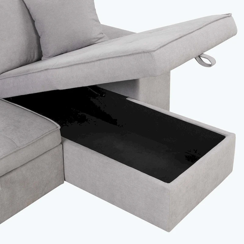 Divano Sezionale Moderno a L a 3 Posti Reversibile, con Chaise Longue Contenitore e 2 Sgabelli