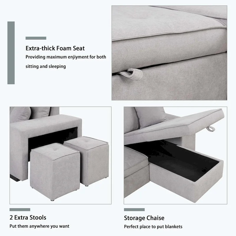 Divano Sezionale Moderno a L a 3 Posti Reversibile, con Chaise Longue Contenitore e 2 Sgabelli