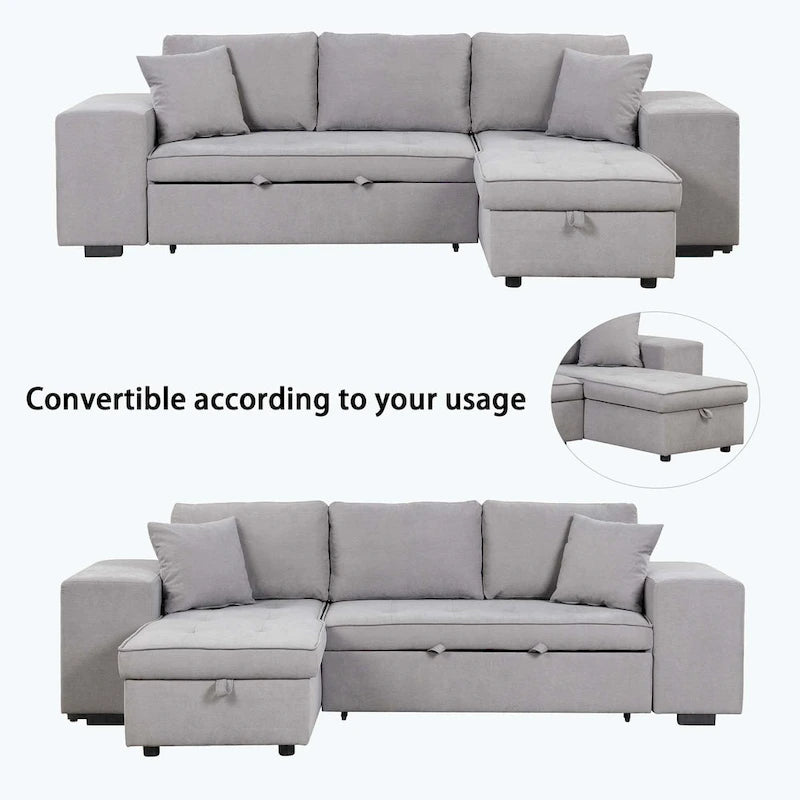 Divano Sezionale Moderno a L a 3 Posti Reversibile, con Chaise Longue Contenitore e 2 Sgabelli