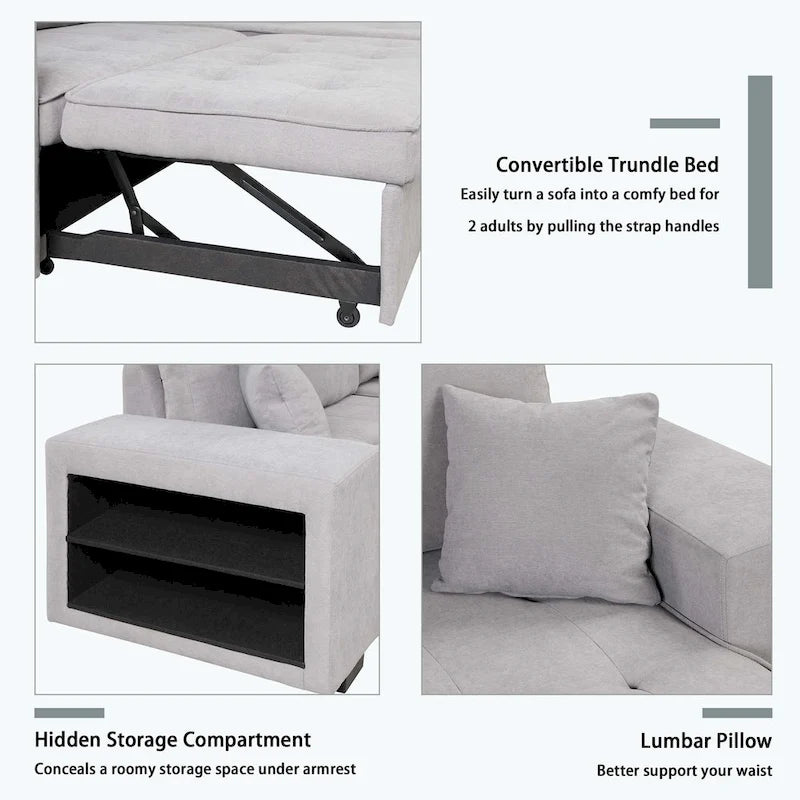 Divano Sezionale Moderno a L a 3 Posti Reversibile, con Chaise Longue Contenitore e 2 Sgabelli