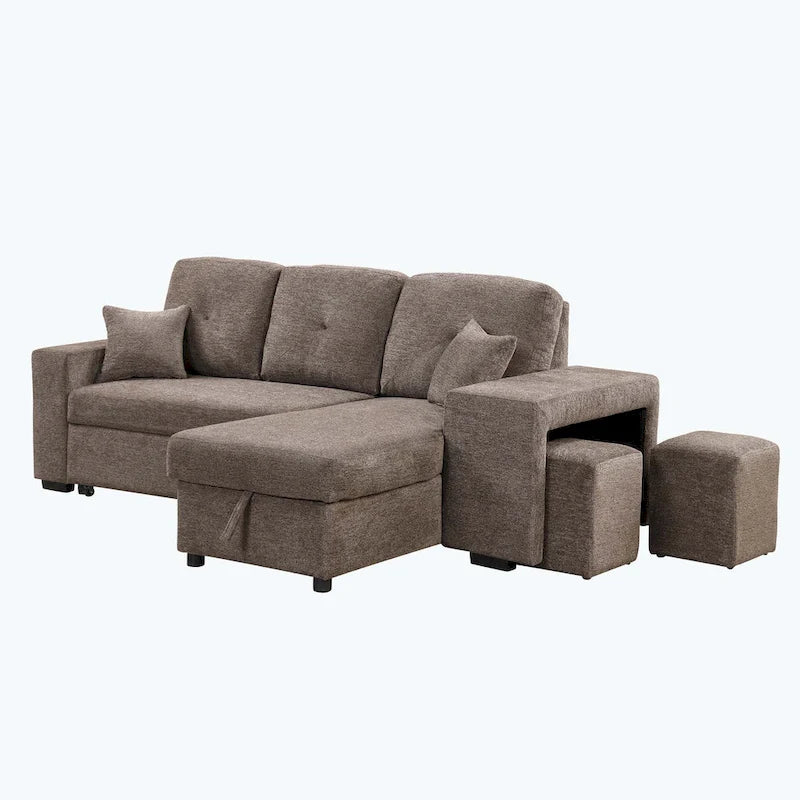 Divano Sezionale Moderno a L a 3 Posti Reversibile, con Chaise Longue Contenitore e 2 Sgabelli