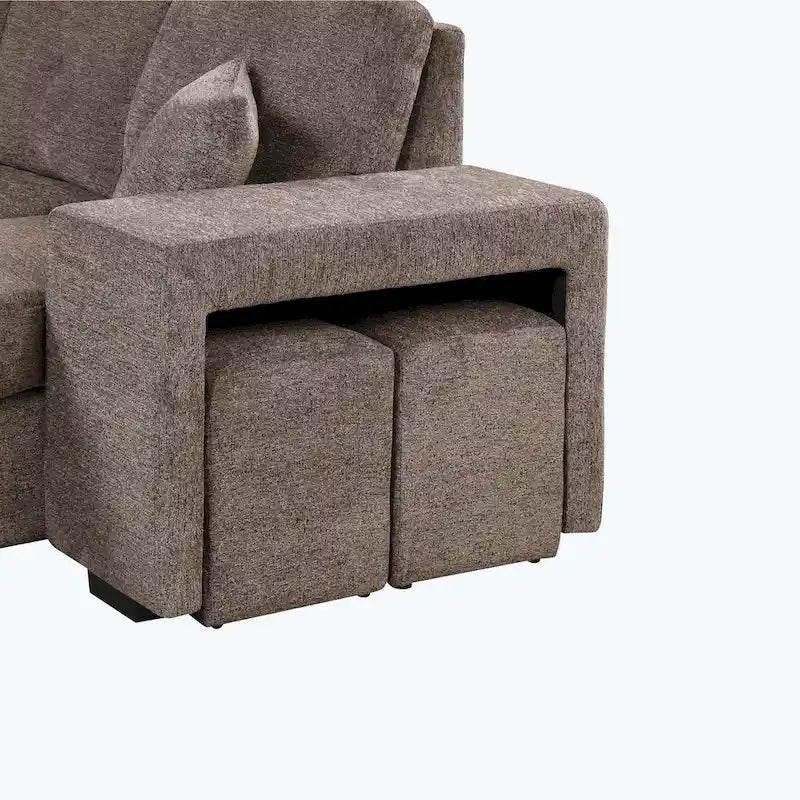 Divano Sezionale Moderno a L a 3 Posti Reversibile, con Chaise Longue Contenitore e 2 Sgabelli