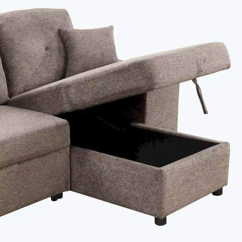 Divano Sezionale Moderno a L a 3 Posti Reversibile, con Chaise Longue Contenitore e 2 Sgabelli