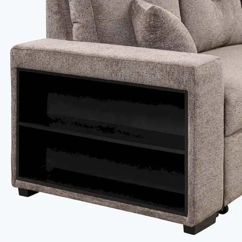 Divano Sezionale Moderno a L a 3 Posti Reversibile, con Chaise Longue Contenitore e 2 Sgabelli