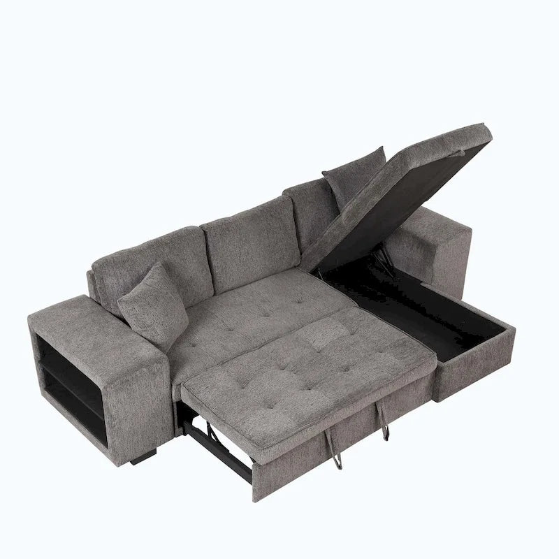 Divano Sezionale Moderno a L a 3 Posti Reversibile, con Chaise Longue Contenitore e 2 Sgabelli