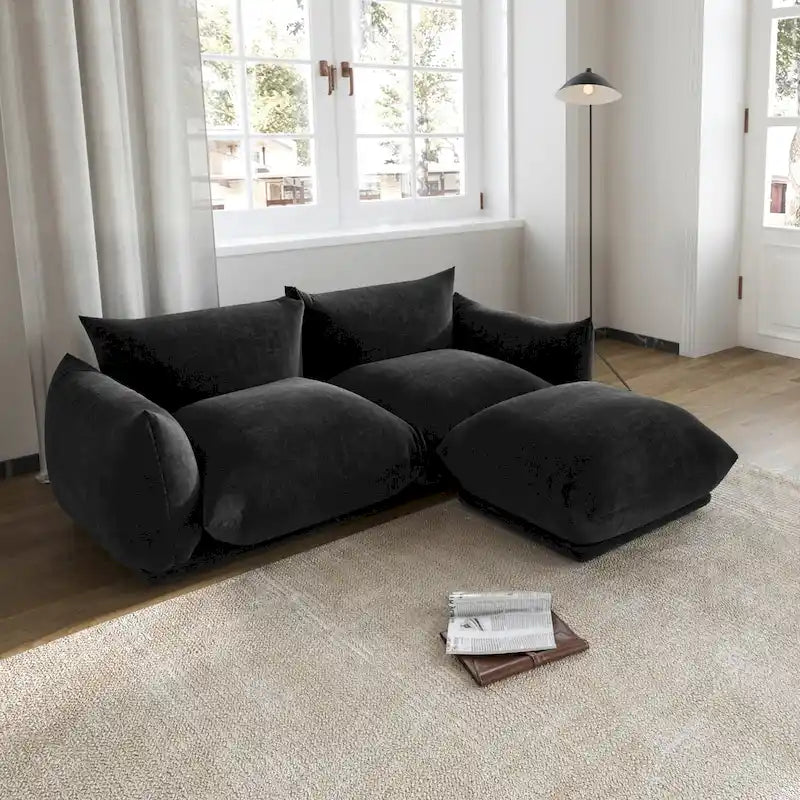 Divano componibile a L, divani modulari in ciniglia minimalisti con pouf