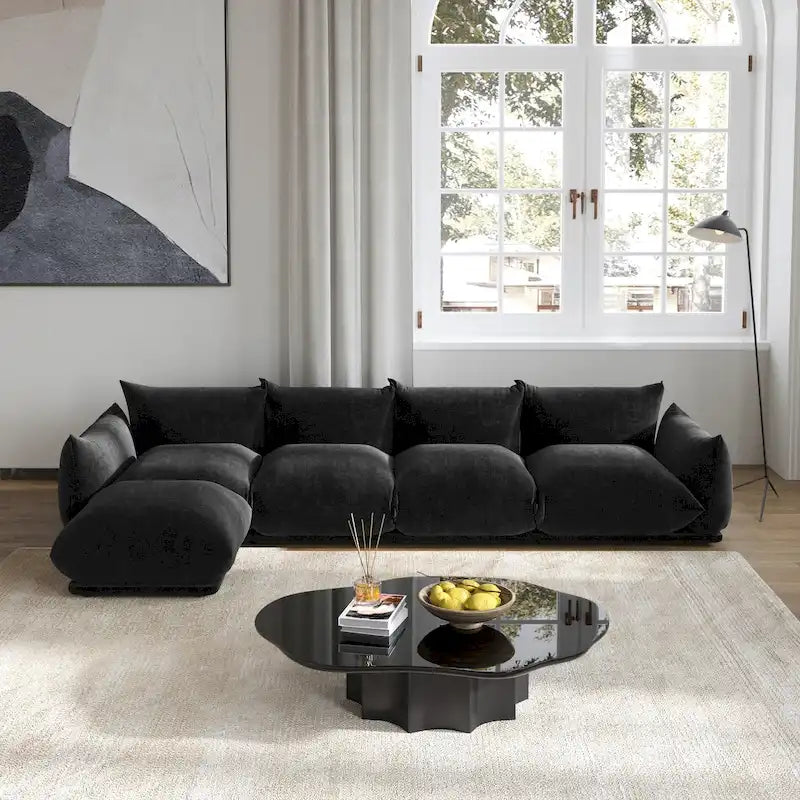 Divano componibile a L, divani modulari in ciniglia minimalisti con pouf